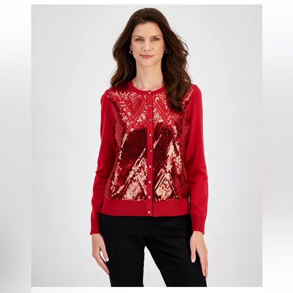 JM Collection Red Sequin Cardigan Sweater NWT Size Small